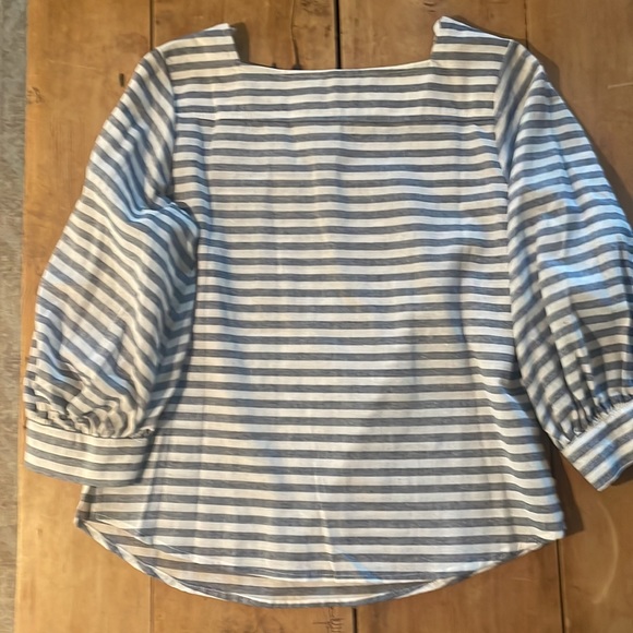 Linen type blue and cream striped square neck shirt - Picture 5 of 5